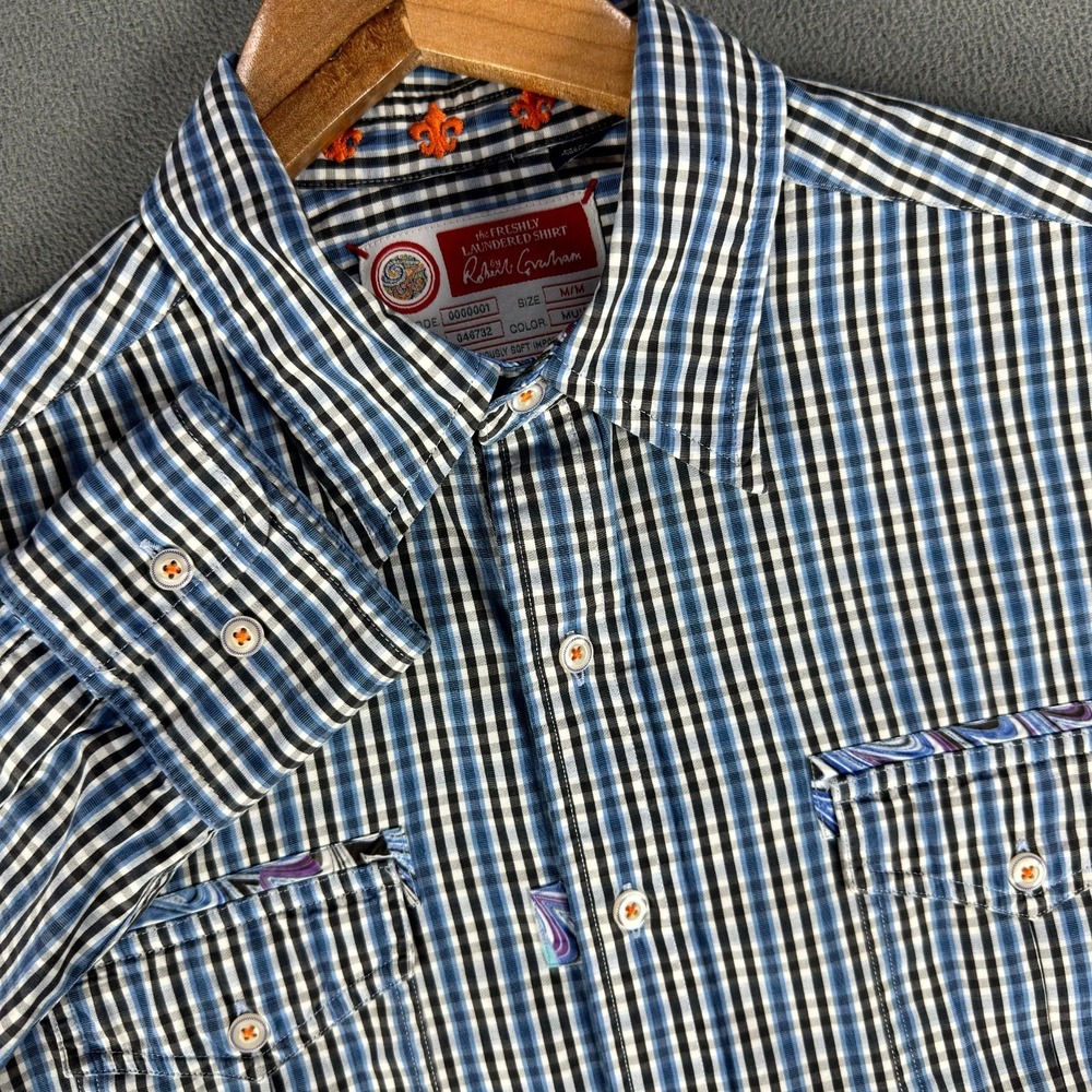 Robert Graham Shirt Mens Medium Blue White Gingham Check Colorful Party Luxe‎